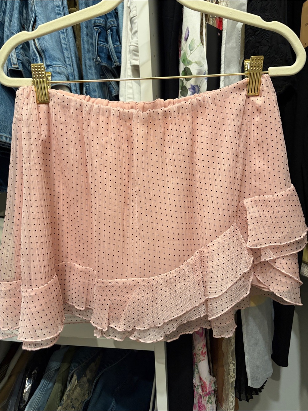 LoveShackFancy Pink Mini Skirt with Black Polka Dots